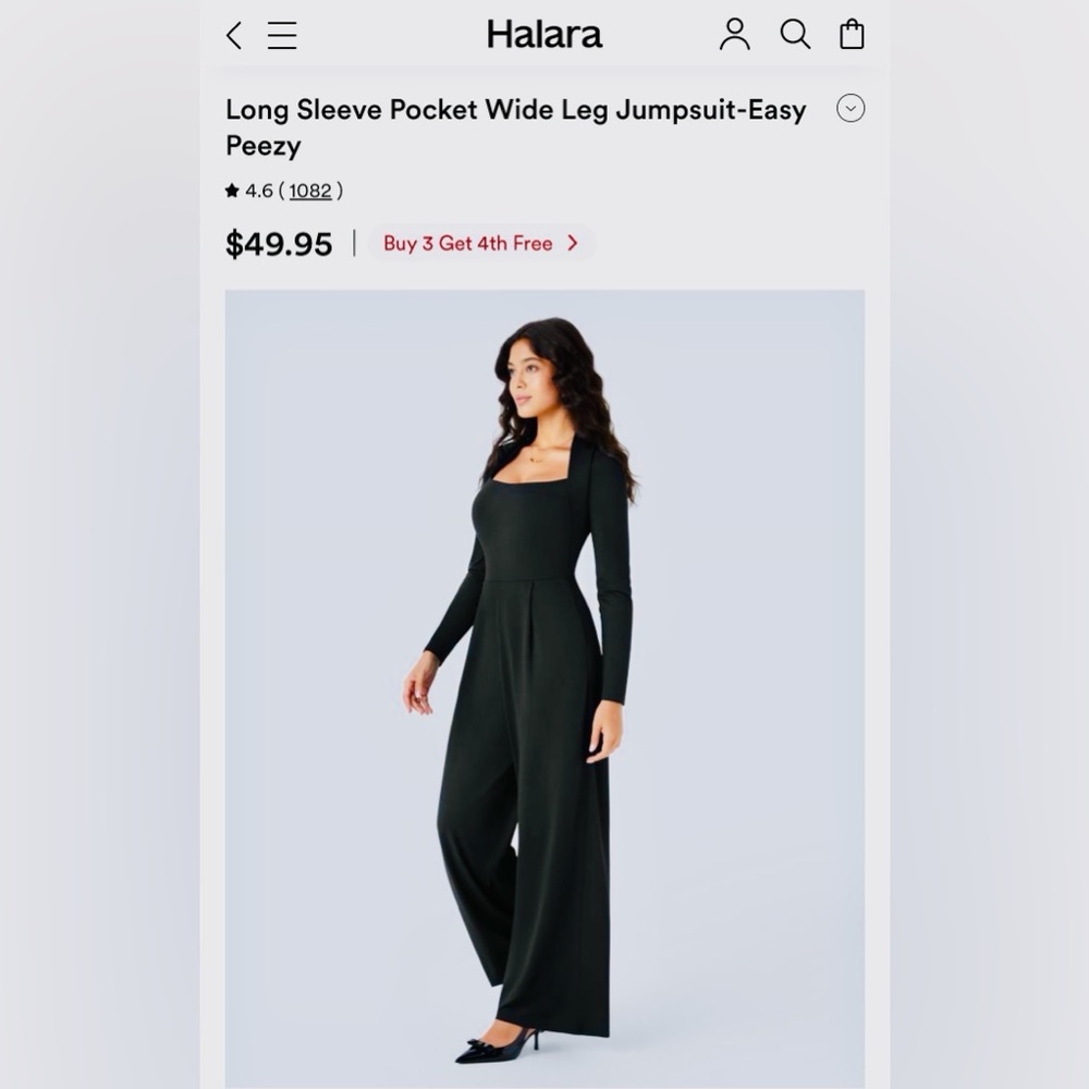 HALARA Black Long-Sleeve Wide-Leg Square Neck Jumpsuit
